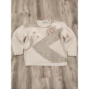 Vtg Extra Shenanigans Knit Granny Sweater Cream Pastel Floral And Pearls Size 20
